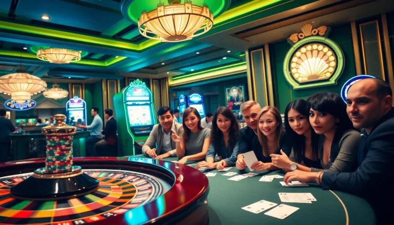 Engaged players enjoying high-stakes games at a luxurious casino table at https://xx88vt.com/ showcasing poker chips and cards.