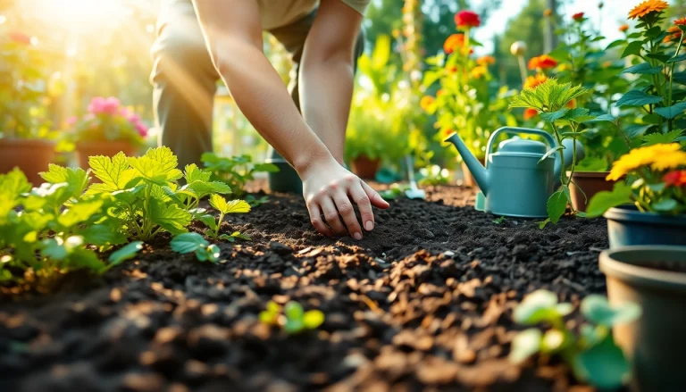 Gardening in a lush vegetable garden, enriching soil with seeds under warm sunlight.