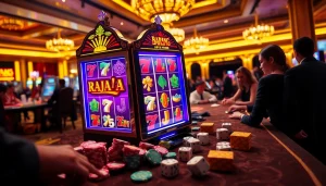 Experience the thrill of Raja Barong Slot with vibrant lights, casino chips, and a high-stakes atmosphere.