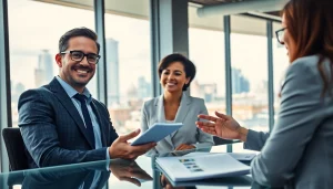 Real Estate agent assisting clients in a modern office with city views and digital displays.