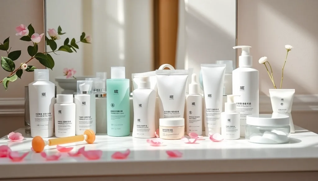 Upptäck vackra hudvårdsprodukter med koreansk hudvård i Sverige på ett stilfullt sminkbord.