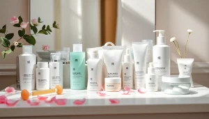 Upptäck vackra hudvårdsprodukter med koreansk hudvård i Sverige på ett stilfullt sminkbord.