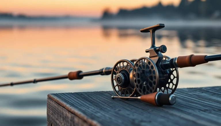 Angler using a Fly fishing combo on a beautiful lake at sunrise with serene reflections.