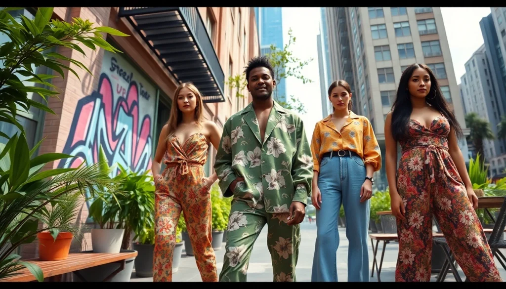 Trendy streetwear 2025 models showcasing floral patterns in an urban setting.