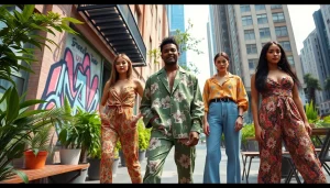 Trendy streetwear 2025 models showcasing floral patterns in an urban setting.