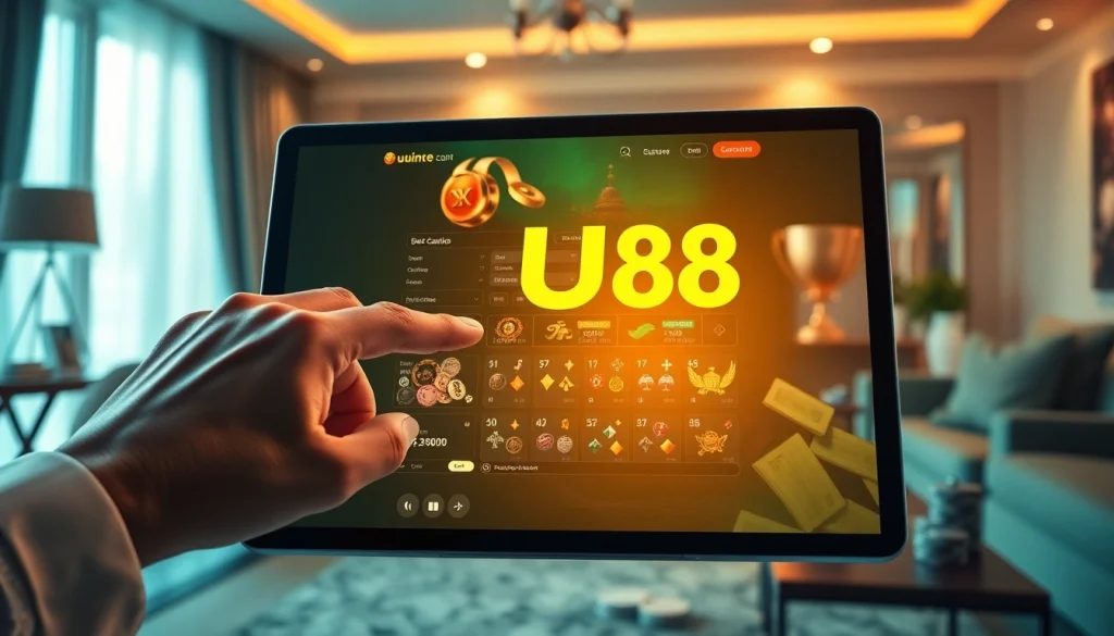Engaging online gambling interface featuring UU88 on a tablet, set in an inviting home ambiance.
