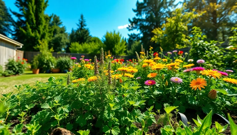 Gardening scene showcasing vibrant flowers and lush greenery in a backyard setting.