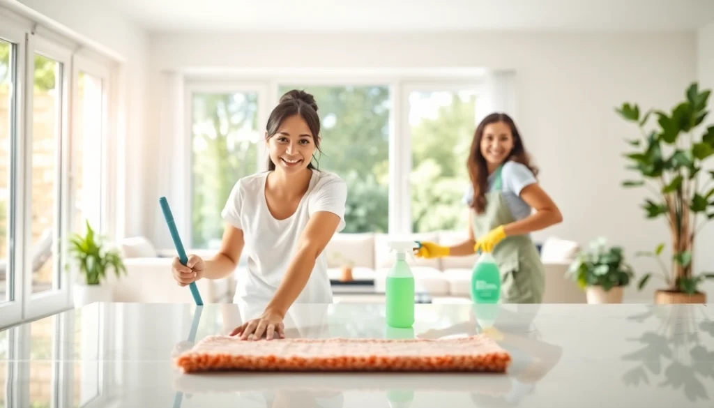 Capture a professional cleaning service in action, showcasing a team working in a spotless, vibrant home.