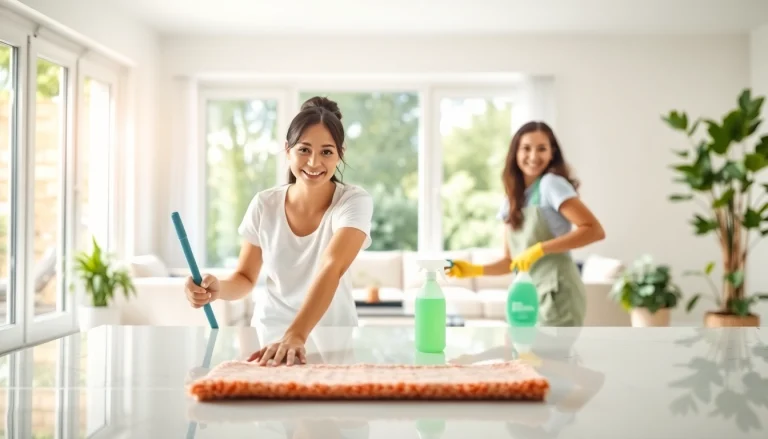 Capture a professional cleaning service in action, showcasing a team working in a spotless, vibrant home.