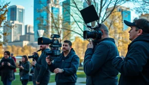 Video Production Company Calgary showcasing a diverse team working on a lively corporate project in Calgary's urban setting.
