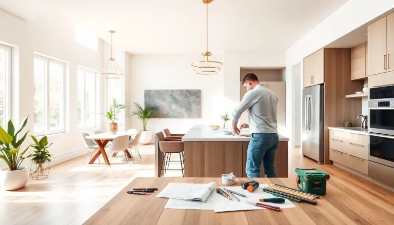 Home renovation highlighting a modern kitchen transformation with a craftsman at work.