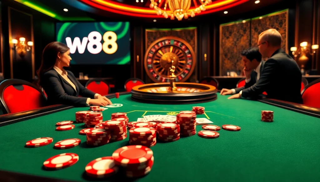 Engage in thrilling gameplay at the W88 link poker table with colorful chips and radiant ambiance.