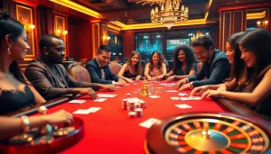 Excited players at the 789 bet poker table with colorful chips and cards.