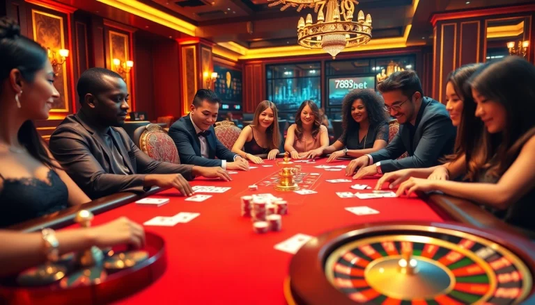 Excited players at the 789 bet poker table with colorful chips and cards.