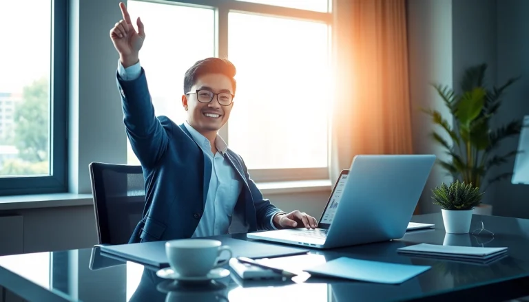 Celebrating financial success with BOX138: A professional at a desk, showcasing a successful withdrawal.