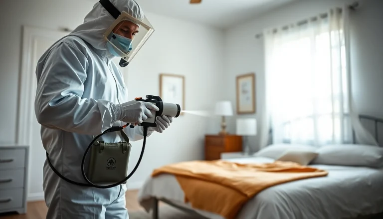 Exterminator using chemical spray treatment at https://affordablebedbugexterminators.com in a clean bedroom.