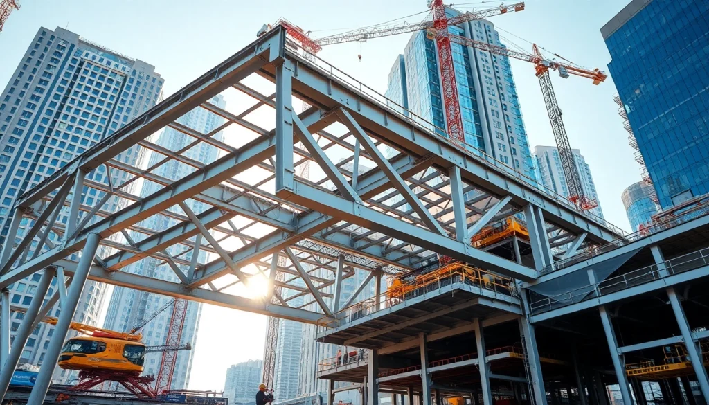 Showcasing steel structure design in a modern urban setting highlighting precision and strength.