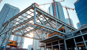 Showcasing steel structure design in a modern urban setting highlighting precision and strength.