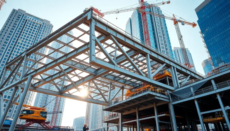 Showcasing steel structure design in a modern urban setting highlighting precision and strength.