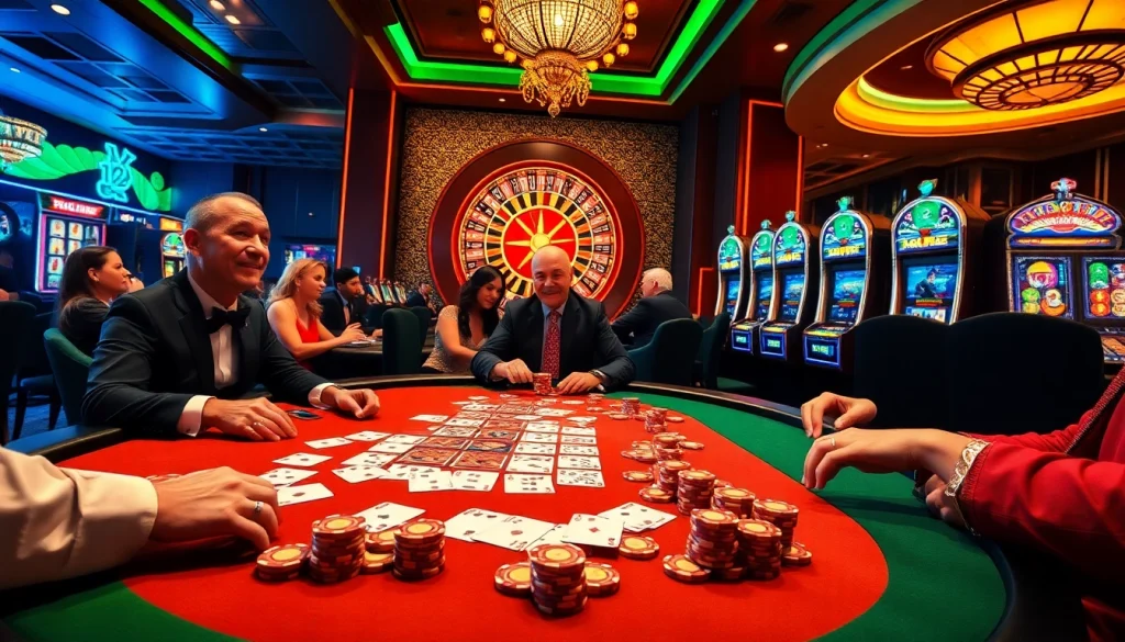 Players enjoying the vibrant casino experience at XX88 with poker chips and roulette wheels.