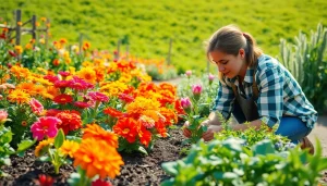 Gardening scene with a gardener nurturing vibrant flowers and vegetables in a bright, sunny garden.