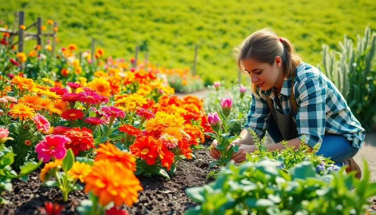 Gardening scene with a gardener nurturing vibrant flowers and vegetables in a bright, sunny garden.