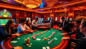 Gamblers enjoying an intense poker game at a doaslot casino table with vibrant chips and cards.