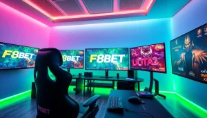 F8BET online betting scene with vibrant esports game visuals and modern gaming setup.