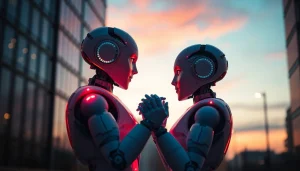 AI sex robots in a romantic pose against a modern urban backdrop, showcasing technology's role in intimacy.