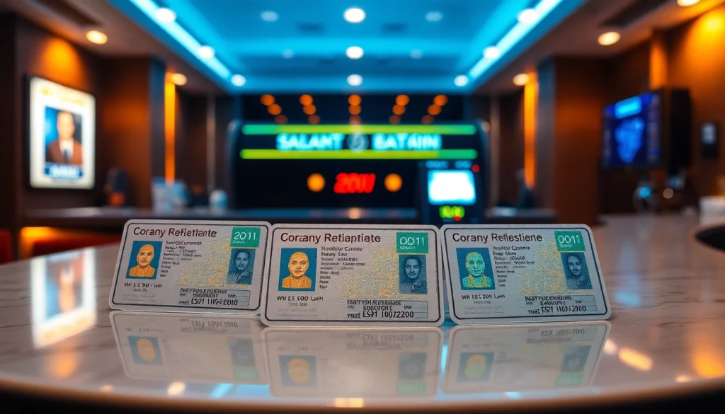 Club21 fake ids displayed on a modern counter, showcasing scannable features and holograms.