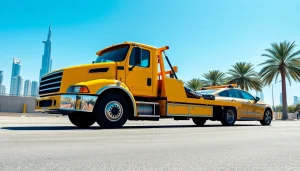 Get reliable car recovery services from https://trtrecoveryuae.com with a yellow towing truck in Dubai.