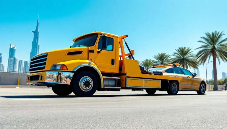 Get reliable car recovery services from https://trtrecoveryuae.com with a yellow towing truck in Dubai.