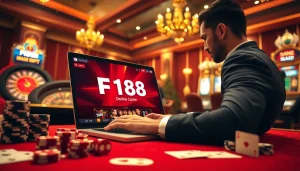 Engaging in thrilling F168 online gaming with poker chips and dice backdrop.