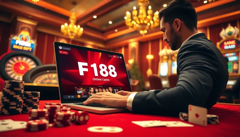 Engaging in thrilling F168 online gaming with poker chips and dice backdrop.