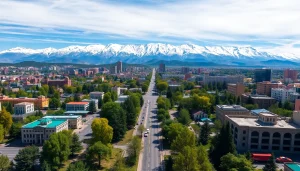 Experience Almaty in this captivating view showcasing https://albmaftoh.com with the mountains and city.
