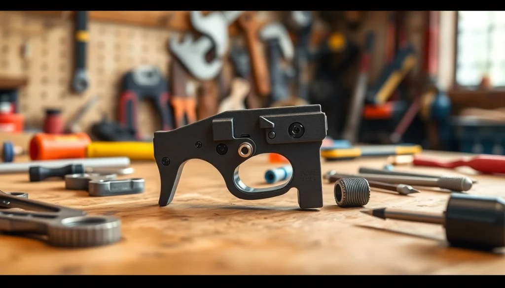 Showcasing a detailed 3 position forced reset trigger on a workbench, emphasizing quality craftsmanship.