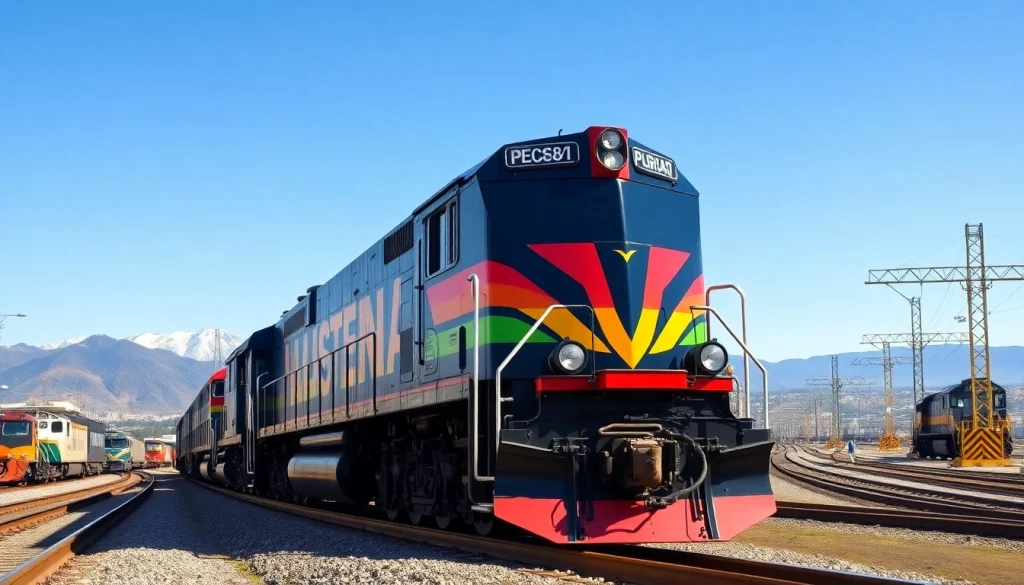 North American rail solutions showcased in a vibrant locomotive amid a busy rail yard.
