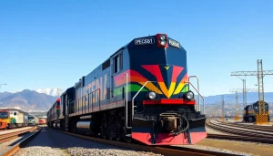 North American rail solutions showcased in a vibrant locomotive amid a busy rail yard.