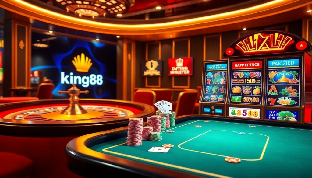 Experience the thrill of winning on trang chủ king88 with vibrant casino visuals, poker chips, and a spinning roulette wheel.