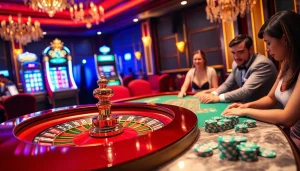 Players strategizing their bets at the LC88 casino gaming table with roulette wheel and poker chips.