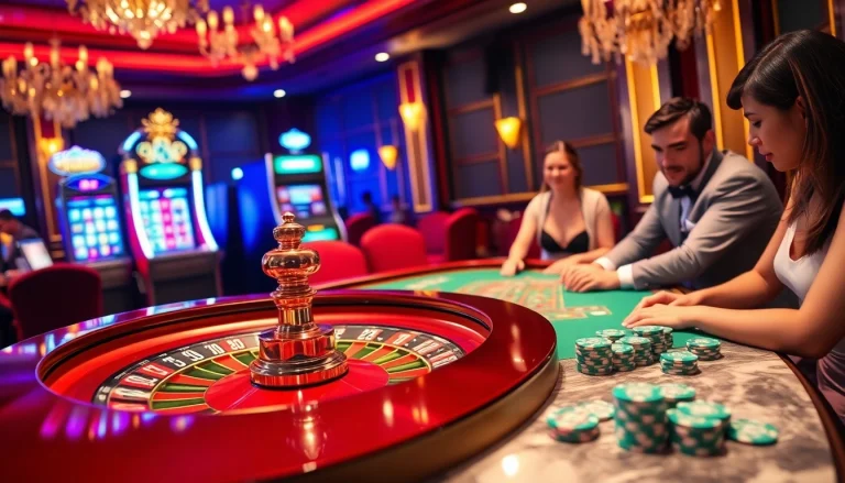 Players strategizing their bets at the LC88 casino gaming table with roulette wheel and poker chips.