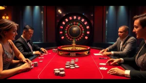 Experience the thrill of BL555 at a luxurious casino gaming table with players engaged in poker.