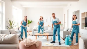 Cleaning service professionals actively maintaining a tidy home environment with modern aesthetics.