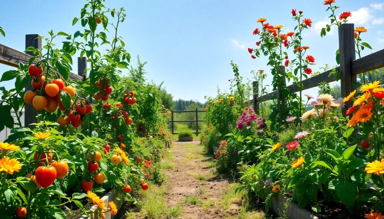Gardening in a vibrant vegetable garden filled with colorful plants and flowers.