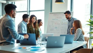 Florida Marketing Agency team brainstorming creative strategies in a modern office.