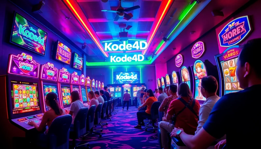 Kode4d exciting online gaming scene with vibrant slot games and enthusiastic players.
