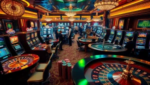 Gaming action at a casino featuring vibrant slot machines and poker chips focused on obral toto strategies.