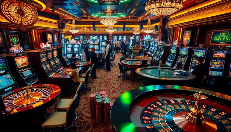 Gaming action at a casino featuring vibrant slot machines and poker chips focused on obral toto strategies.