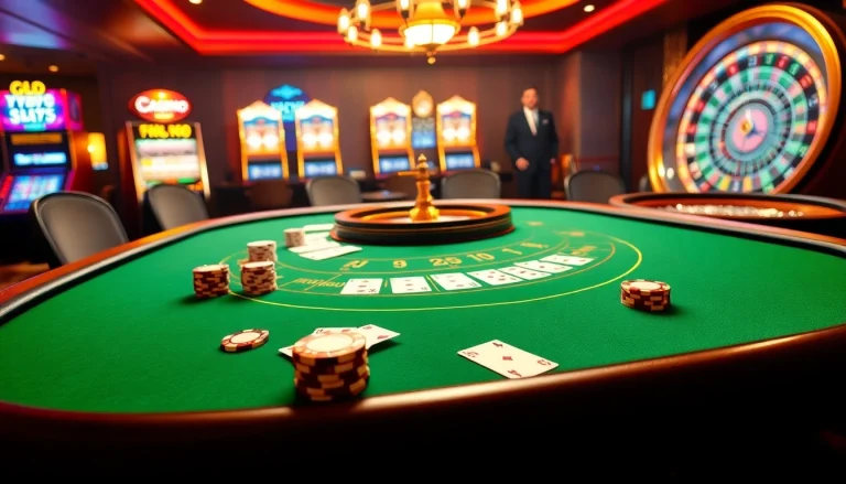 Dynamic scene highlighting link vào 789p with a luxurious casino atmosphere featuring vibrant slot machines and a lively blackjack table.