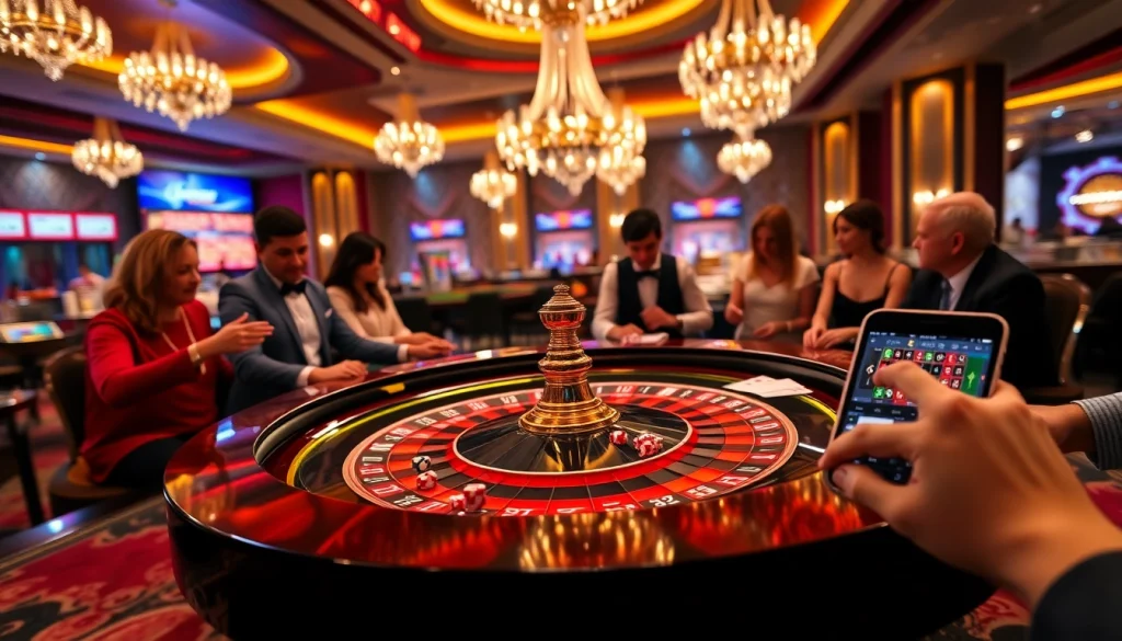 Vua99 players excitedly engage at a glamorous casino table filled with chips and cards.